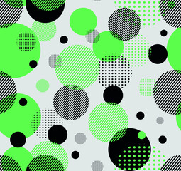 Abstract Seamless Pattern with dots, circles and lines on white background. Vector illustration. Trendy geometric elements. Modern abstract design poster, cover, card design, fabric sample.
