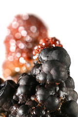 Black botryoidal iron ore called goethite and red crystals of vanadinium.  Sample from Taouz, Morocco.