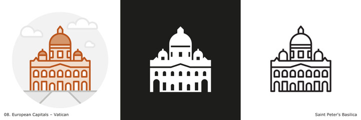Saint Peter's Basilica  filled outline and glyph icon. Landmark building of the Vatican.