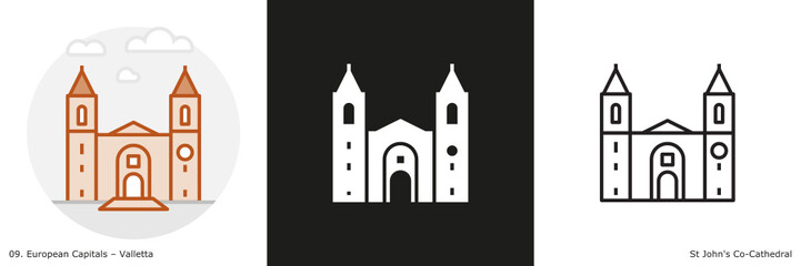 Fototapeta premium St John's Co-Cathedral filled outline and glyph icon. Landmark building of Valletta, the capital city of Malta. 