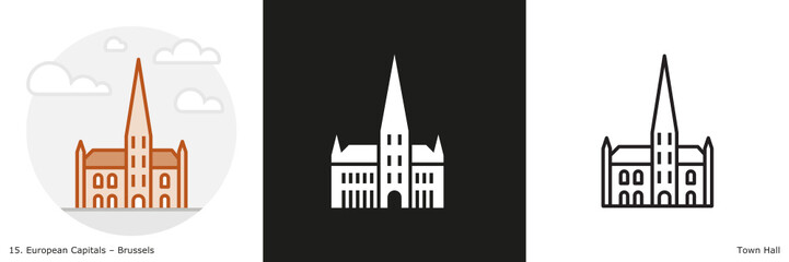 Obraz premium Brussels Town Hall filled outline and glyph icon. Landmark building of Brussels, the capital city of Belgium.