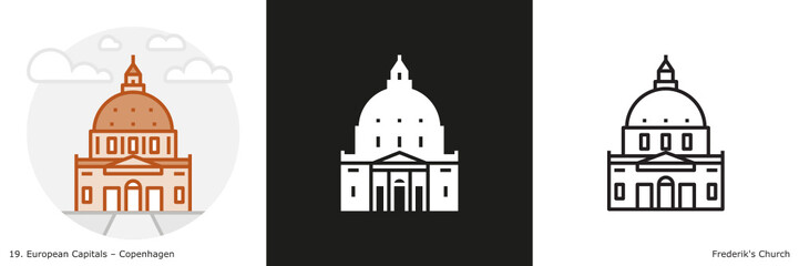 Frederik's Church filled outline and glyph icon. Landmark building of Copenhagen, the capital city of Denmark.