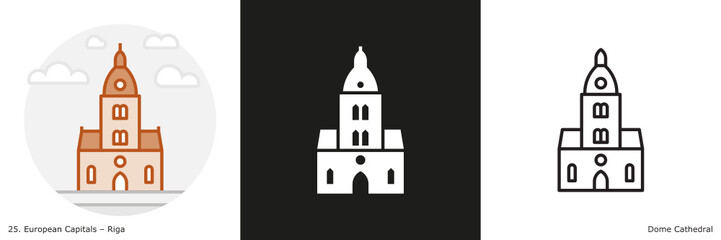 Dome Cathedral filled outline and glyph icon. Landmark building of Riga, the capital city of Latvia
