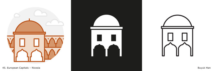 Buyuk Han filled outline and glyph icon. Landmark building of Nicosia, the capital city of Cyprus
