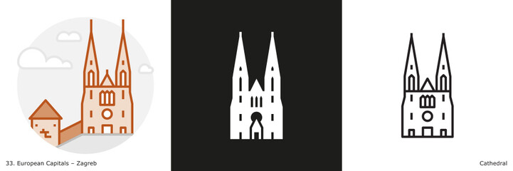 Zagreb Cathedral  filled outline and glyph icon. Landmark building from the capital city of Croatia
