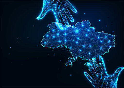 Abstract Ukrainian Refugees Help Concept With Glowing Low Polygonal Ukraine Map And Helping Hands