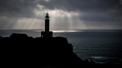 LIGHTHOUSE ON THE COAST OF GALICIA ON A CLOUDY DAY