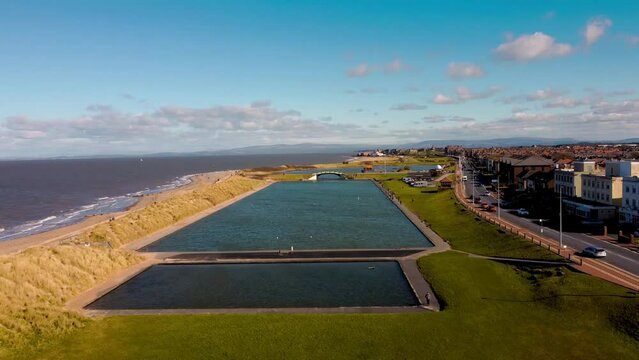 4k drone footage of the Fleetwood Boating Lake by the coast of Lancashire, UK