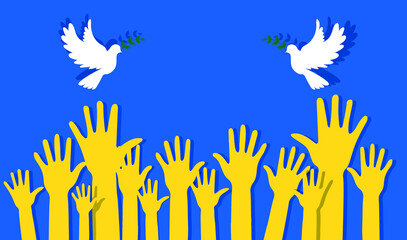 Hands in shape of ukrainian flag blue and yellow raised people hands. White Flying peace dove, pigeons symbol.  hand group with raised arms in the struggle for peace. 