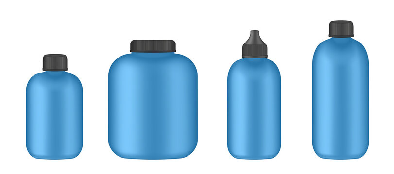 Set of blue bottles. Sports nutrition containers packages, fitness protein. Bodybuilding sport food. Jars with supplements for muscle growth. Realistic vector sport nutrition containers without label.
