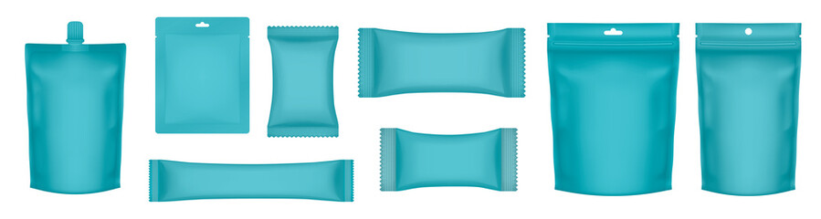 Set of realistic aquamarine green pouch mockups. Flow pack, sugar stick, sachet, zip bag and doypack. Chocolate bar wrapper. Sheet mask sachet
