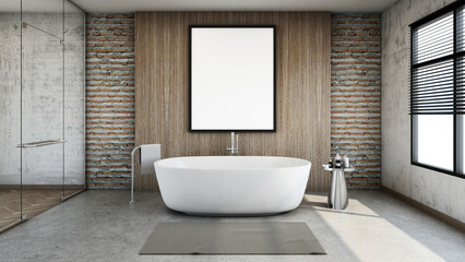 Fototapeta na wymiar Bathroom interior design minimal loft,Black wood frame mock up on wood wall,Brick wall,Concrete floor - 3D render