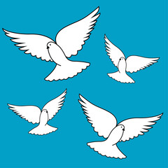 Four white doves, a symbol of peace on a blue background. Contour illustration.