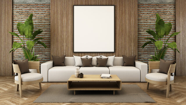 Livingroom style Loft,Wood armchairs, Tropical tree,Black frame mock up on wood wall,Brick wall,Wood floors-3D render