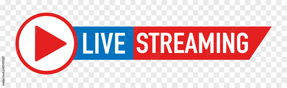 Poster red live streaming logo - vector design element with play button for news and tv