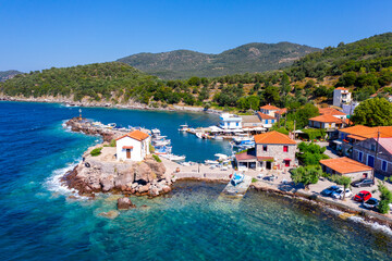 The little church of Panagia Gorgona situated on a rock in Skala Sykamias, a picturesque seaside...