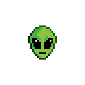 Pixel art green and gray cartoon alien character. 8 bit pixel alien. vector illustration. UFO. Creature. Face. Cartoon. 