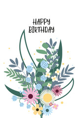 Birthday card with pink, blue and yellow flower bouquet in trendy flat style on white background. Pretty greeting birthday card. 