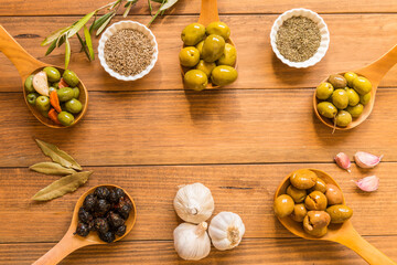 Still life with different varieties of olives.