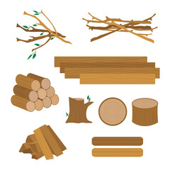 Set of woods in cartoon style. Vector illustration of woodworking industry on white background. Types of woods in the picture firewood, branches, boards, logs and hemp.
