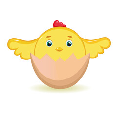 A small yellow chick sits in an egg.