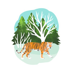 Vector winter landscape with tiger and forest. Bright hand draw vector Illustration with tree, plants and animal for print, banner, sticker
