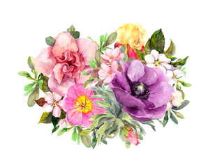 Floral bouquet - watercolor flowers. Beautiful vintage pattern