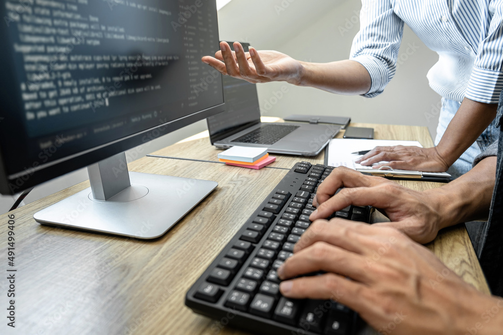 Aufkleber programmer team of developing programming and website working in a software develop company office, 