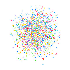 Confetti on isolated white. Texture with falling geometric elements. Colorful abstract background. Pattern for design. Print for polygraphy, banners, flyers and textiles