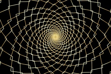 Abstract wireframe tunnel. The gold rotate line on the black background. Vector illustration.