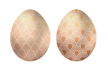 Fantastic eggs and where to find them. Easter Art Deco clip art with abstract gold and silver pattern. Set on white