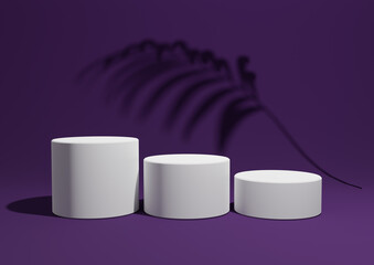 Dark purple, violet 3D render of a simple, minimal product display composition backdrop with three podiums or stands and palm leaf shadows in the background for nature products