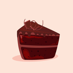 Piece of chocolate cake with glaze and decoration. Vector illustration. Cake slice with chocolate.