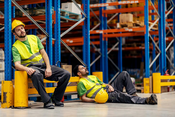 Two tired warehouse workers on night shift sleeping on workplace.