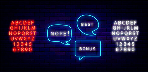 Speech bubbles neon sign collection. Best, nope shiny text. Glowing blue and red alphabet. Vector illustration