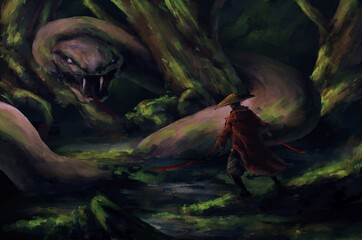 samurai standing against the great serpent in the evergreen forest, snake,tale monster,creatures of myth and Legend ,digital art, Illustration painting. - obrazy, fototapety, plakaty