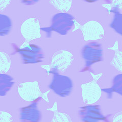 Ultraviolet iridescent fish pattern background. Modern digital lavender peri purple under the sea fishes texture. Tropical calm coastal wellness all over print.