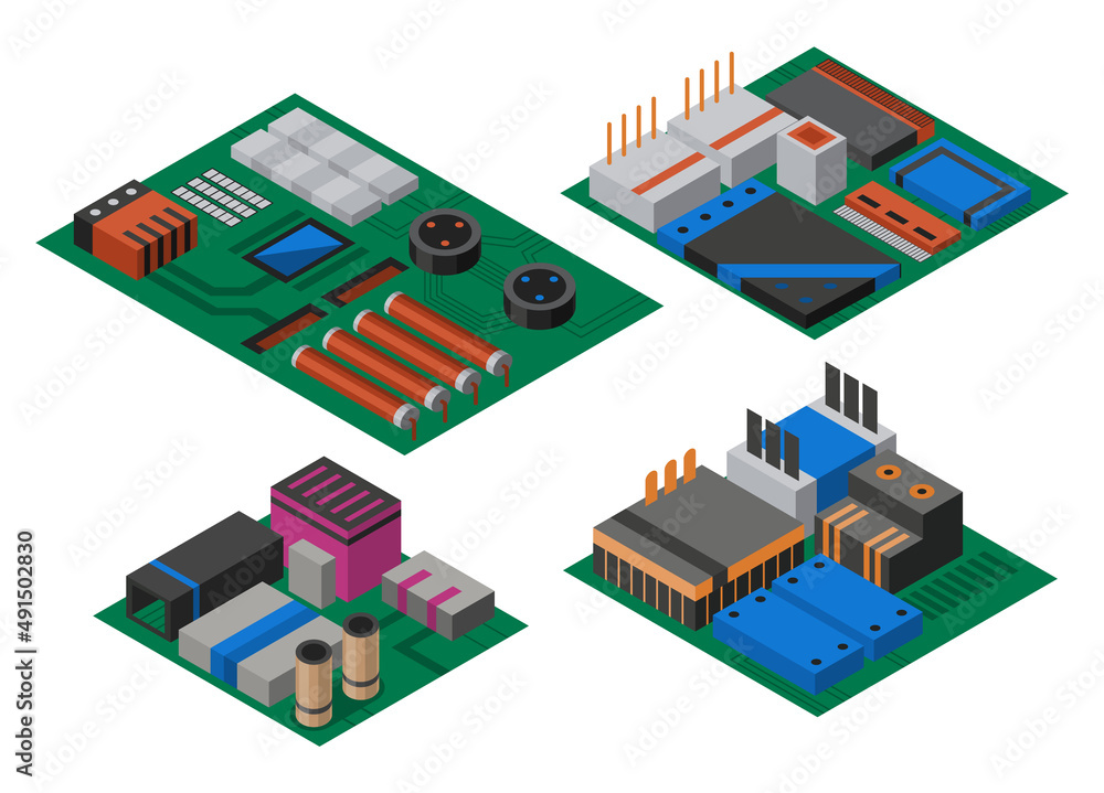 Poster collection of isometric circuit boards with electronic components. computer chips technology process