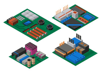Collection of isometric circuit boards with electronic components. Computer chips technology processor circuit and computer motherboards information system. Collection of technology equipments