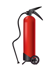 Red fire extinguisher. Isolated portable fire-fighting unit with hose and whels. Firefighter tool for flame fighting attention. Portable fire extinguishing equipment