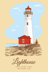 Color sketch of the lighthouse and buildings around it on the shore, ocean and sky with clouds around. Crisp Point Light, Michigan, USA. Vintage card, hand-drawn, vector. Nature sketch.