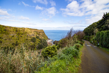 Hiking path at Azores islands, Portugal, travel destination, nature.