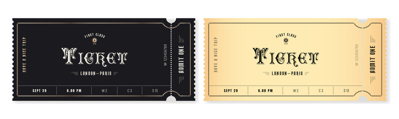Set of ticket templates in vintage style in dark and light background. For excursion routes, retro parties and clubs and other projects. Just add your own text. Vector. can be used for printing. - obrazy, fototapety, plakaty