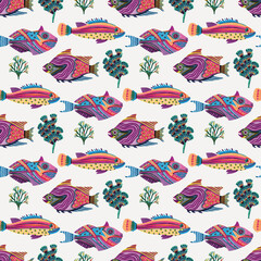 Colorful cute under the sea swimming tropical fishes. Childish screen print effect. Playful summer beach vacation kid illustration background. Whimsical scandi fish riso block print seamless design.