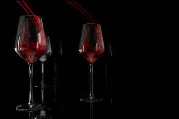 Two glasses of red wine. Romantic concept. Glass of wine on a black background. 3d render