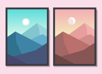 Day And Night Abstract Mountain Wall Art Set, Minimalist Poster Design