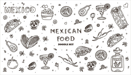 Mexican cuisine, vector doodle food set. National spicy food, fast food, snacks. Sketch illustration for restaurant, menu, cafe. Fiesta mexicana