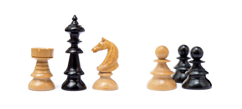  Old chess pieces isolated on white background