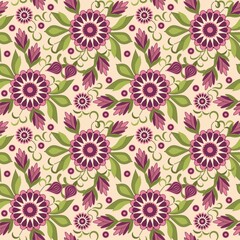 Seamless pattern with simple floral elements, buds, dahlia flowers, leaves, tendrils.