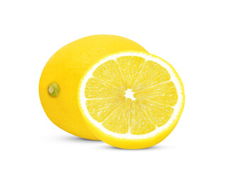 Whole, half of fresh lemon isolated on white background.